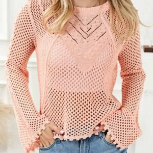 Pink Hollowed Eyelets Knit Bell Sleeve Sweater