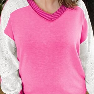 Bonbon Lace Striped Patchwork Long Sleeve Corded V Neck Plus Size Top