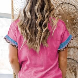 Bonbon Leopard Patchwork Corded Knit Crew Neck T Shirt