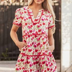 Red Floral Puff Sleeve Tiered Ric Rac Pocketed Mini Dress