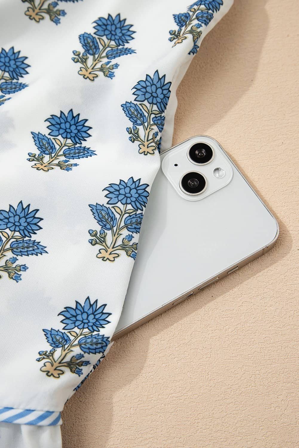 Sky Blue Floral Puff Sleeve Tied Neck Pocketed Mini Dress