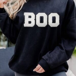 Black Chenille Boo Patched Pattern Crewneck Halloween Sweatshirt