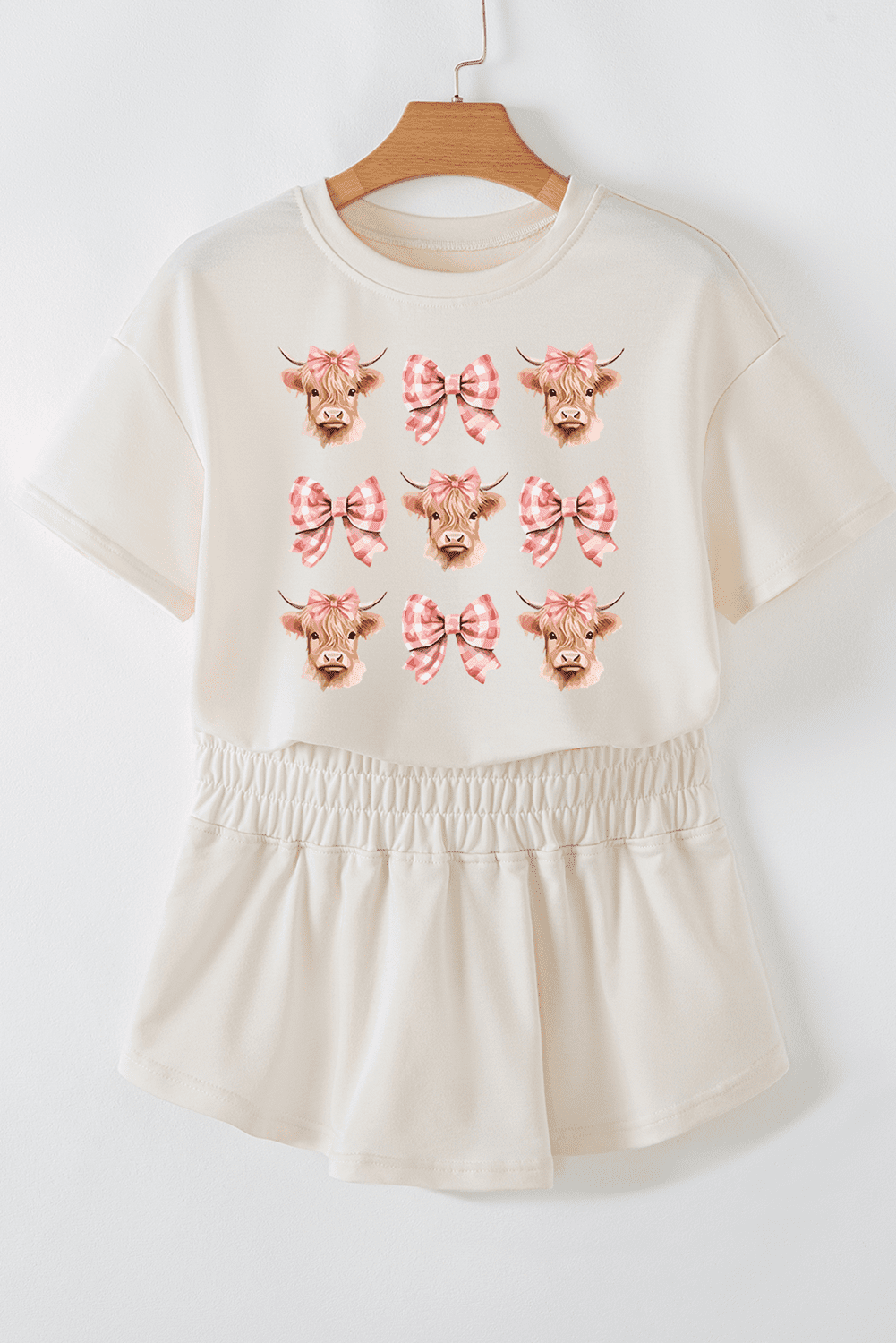 Beige Cow With Bows Cropped Tee And Skort Set