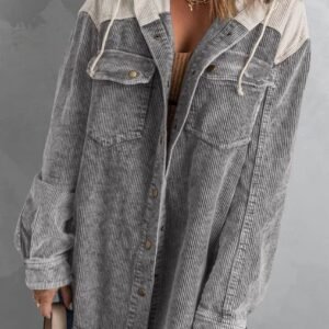 Gray Color Block Button Down Hooded Corduroy Jacket