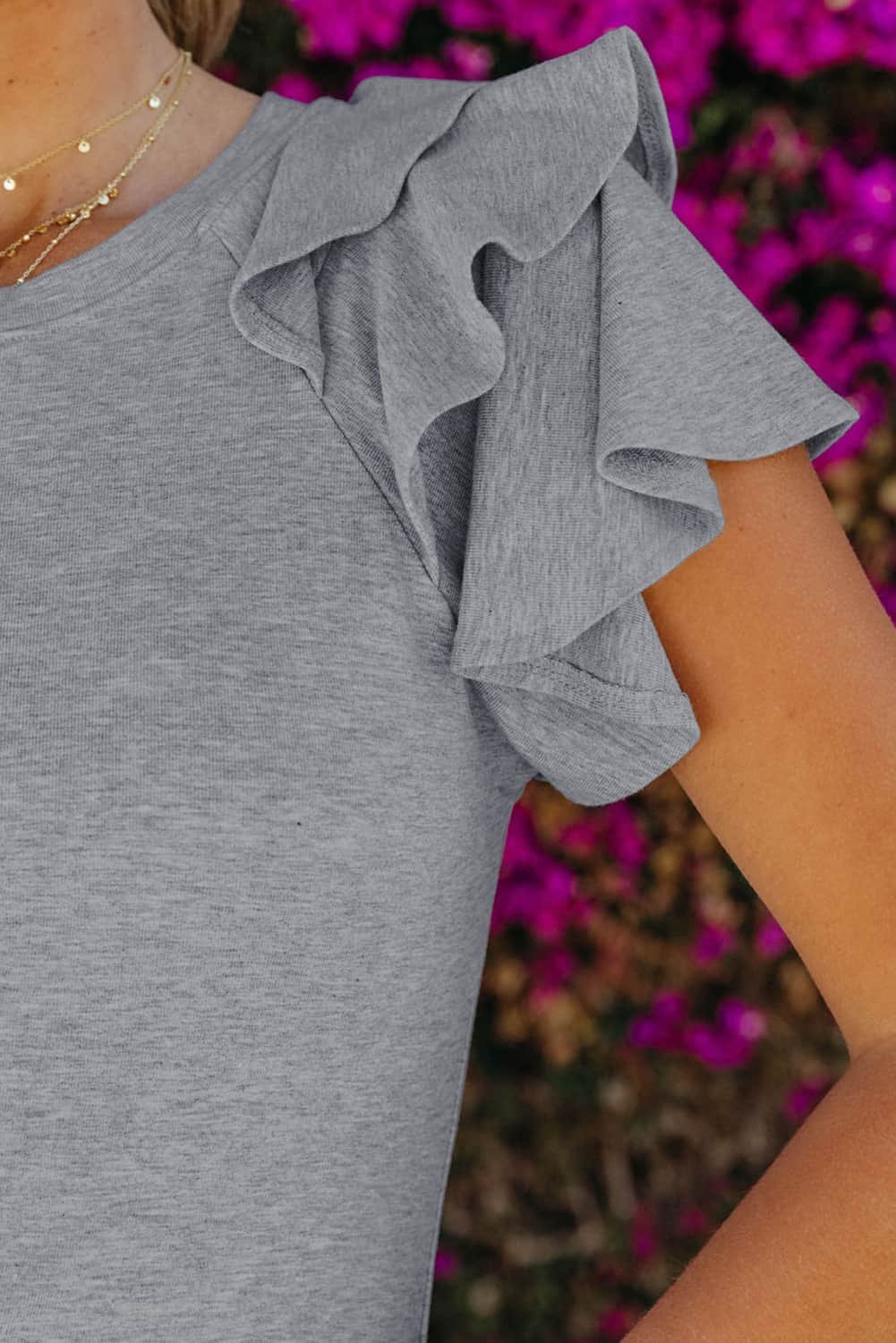 Gray Plain Tiered Ruffled Short Sleeve T Shirt