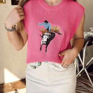 Bright Pink Western Cowboy Embroidery Round Neck Sleeveless Sweater