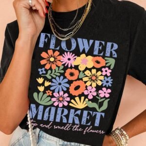 Black Flower Market Cotton Blend T Shirt