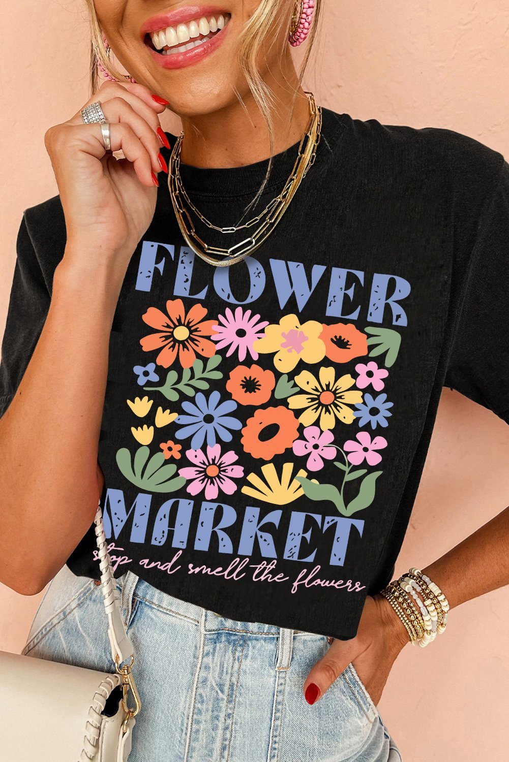 Black Flower Market Cotton Blend T Shirt