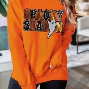Russet Orange Sequin Spooky Season Ghost Pattern Halloween Pullover Sweatshirt