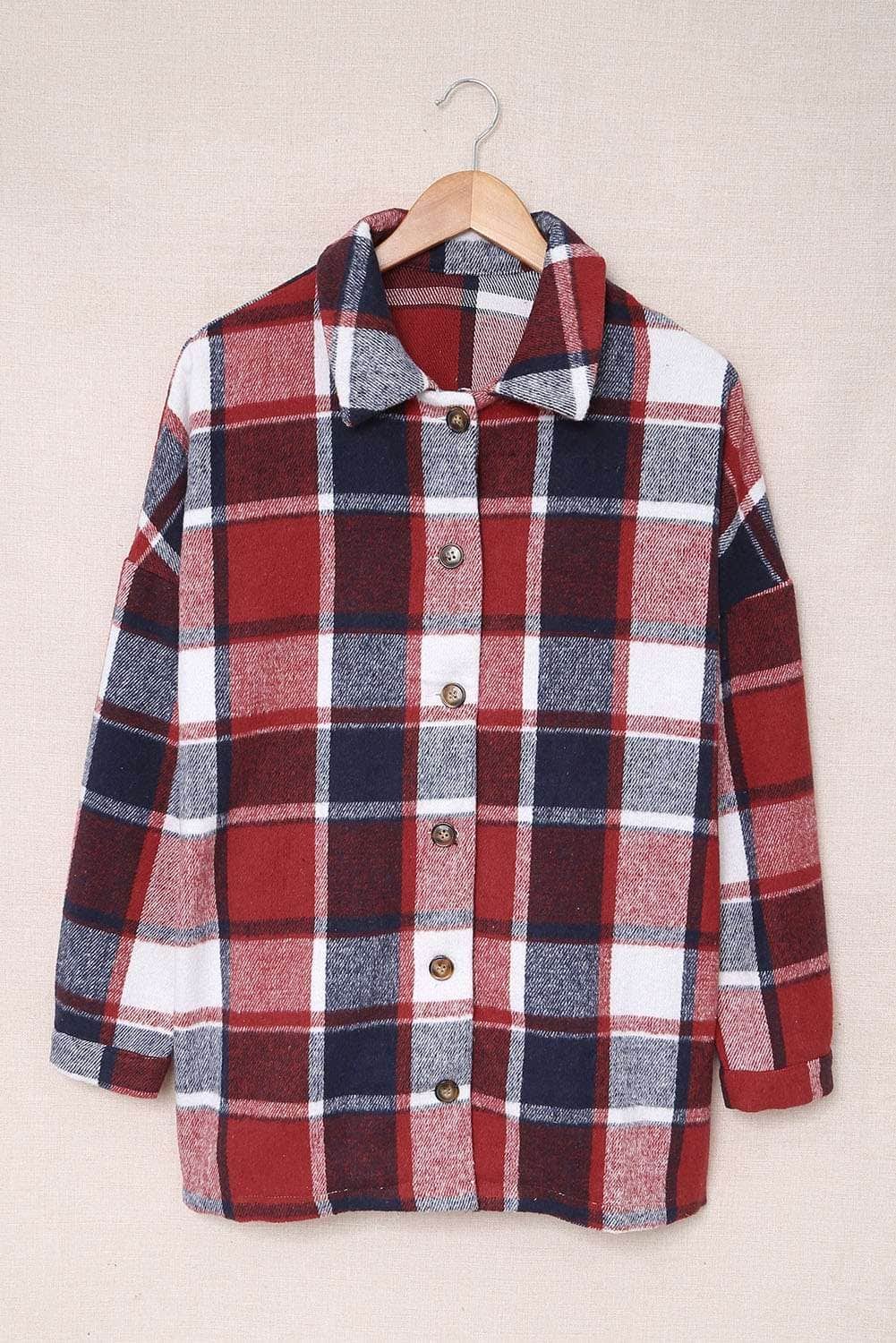 Red Plaid Print Buttoned Shirt Jacket