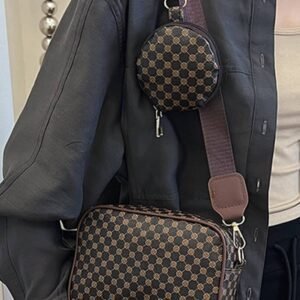 Coffee Checkered Print Pu Leather Shoulder Bag With Coin Wallet