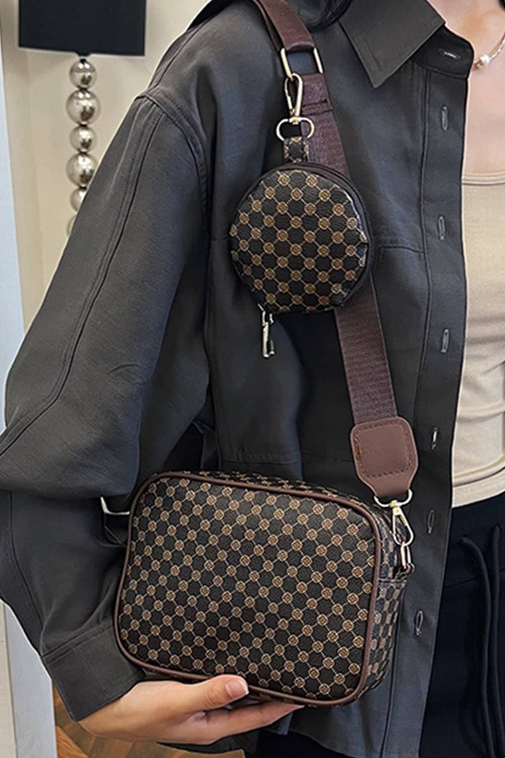 Coffee Checkered Print Pu Leather Shoulder Bag With Coin Wallet