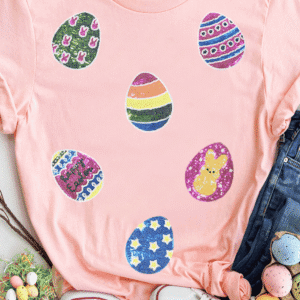 Pink Sequin Easter Eggs Graphic Crewneck T Shirt