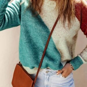Multicolor Colorblock Ribbed Trim Round Neck Sweater