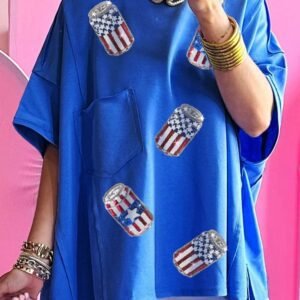 Blue Sequined American Flag Pop Can Pattern Oversized Tee