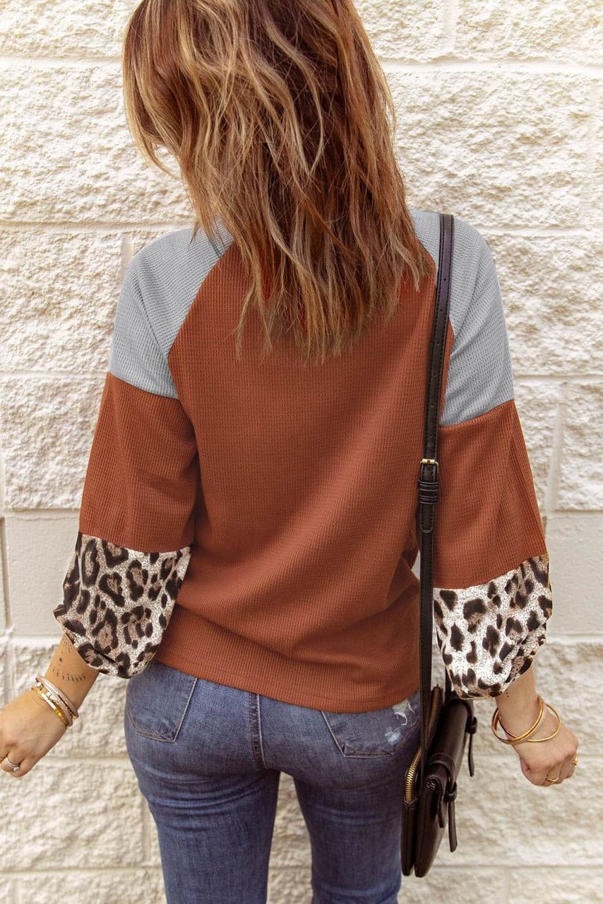 Leopard Long Sleeve Waffle Knit Orange Blouse With Twist Knot