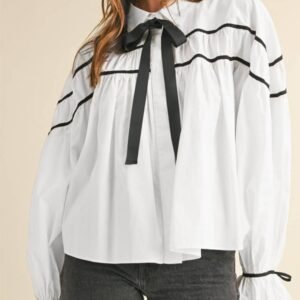 White Black Pipping Ribbon Bowtie Collared Ruffled Puff Sleeve Shirt