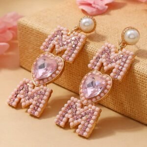 Light Pink Rhinestone Beaded Heart Mom Earrings