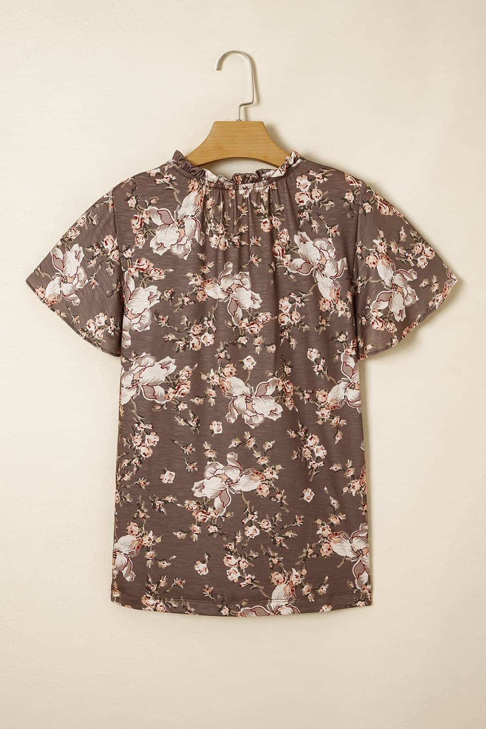 Khaki Retro Floral Print Tassel Tie Split Neck Short Sleeve Blouse