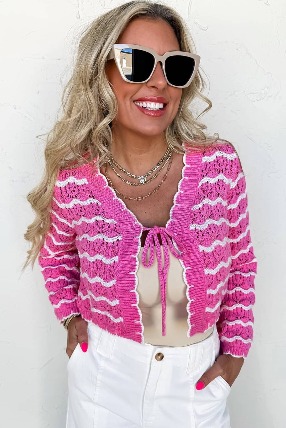 Pink Stripe Crochet Scalloped Trim Lace-Up Front Cropped Cardigan