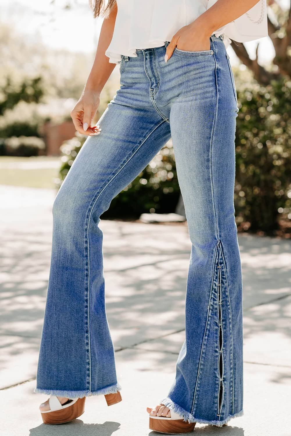 Ashleigh Blue Cut Out Side Frayed Hemline Flare Jeans