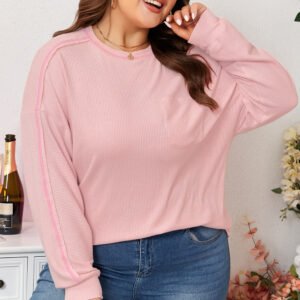 Bonbon Ribbed Exposed Seam Round Neck Chest Pocket Plus Knit Top