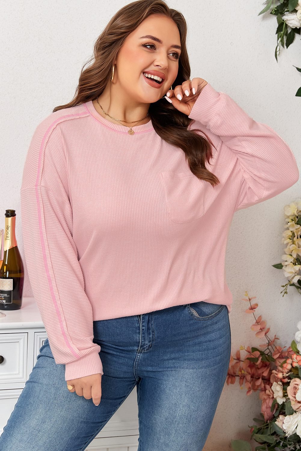 Bonbon Ribbed Exposed Seam Round Neck Chest Pocket Plus Knit Top
