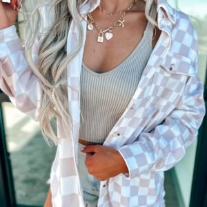 Khaki Checkerboard Flap Pocket Button Front Shacket