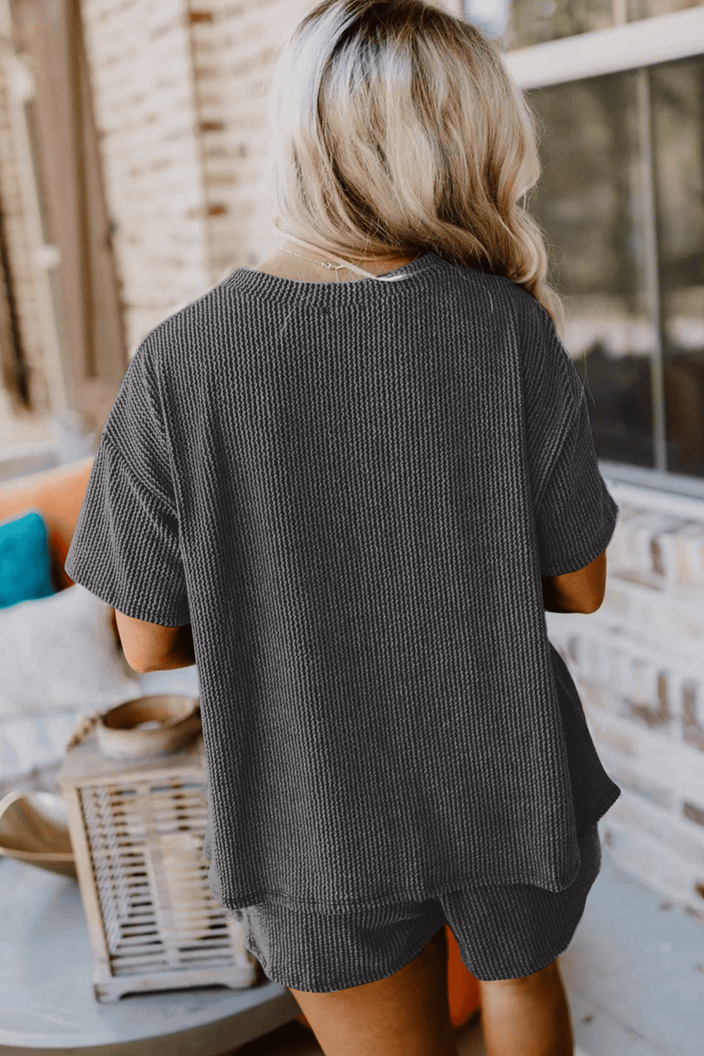 Carbon Grey Sequin Strawberry Patched Twist Ribbed Short 2Pcs Outfit