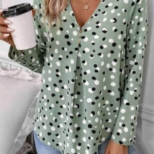 Green Polka Dot Print Button Front V Neck Blouse