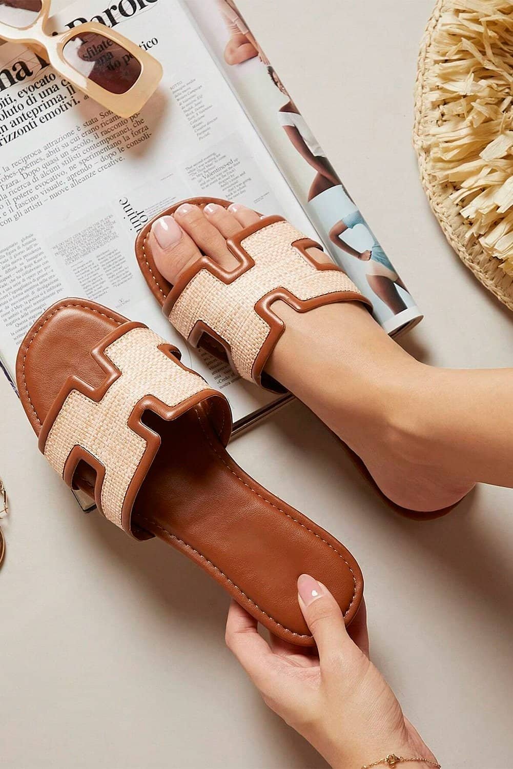 Coffee Faux Raffia Detail Hollowed Open Toe Slippers