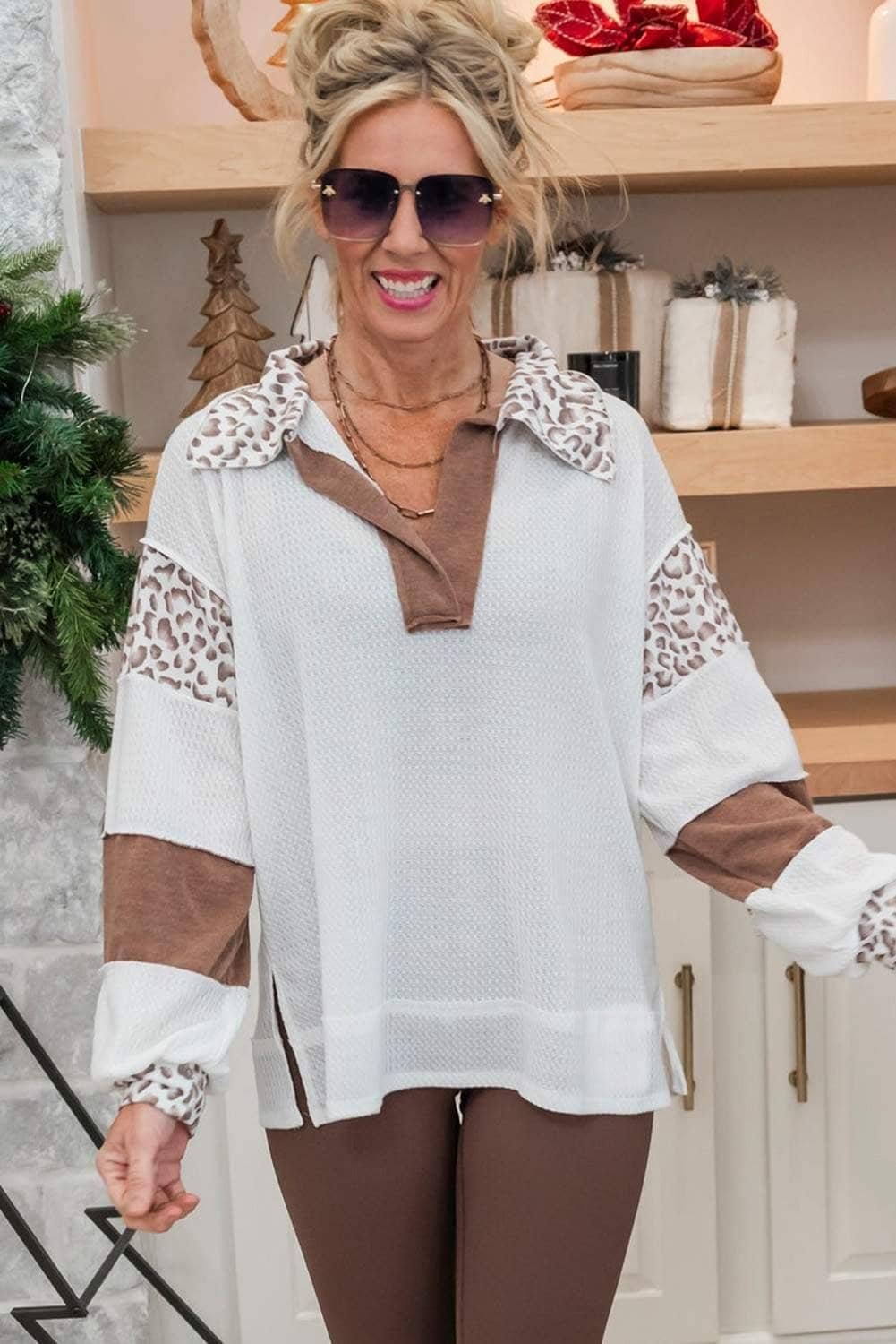White Leopard Patchwork Turn-Down Collar Waffle Top