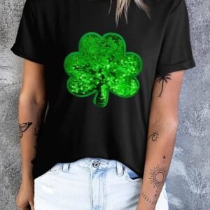 Black Sequin Clover Embroidered Round Neck Graphic Tee