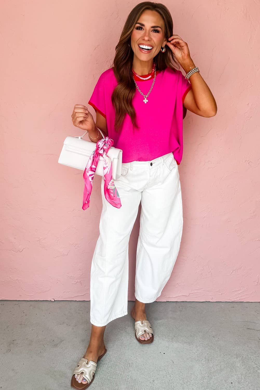 Rose Red Contrast Trim Round Neck Short Sleeve Loose Knit Sweater