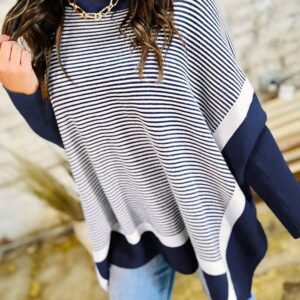 Blue Stripe Color Block Patchwork Dolman Oversize Tunic Sweater