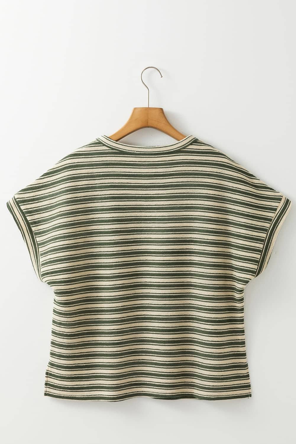 Green Stripe Textured Side Slits Crew Neck T Shirt
