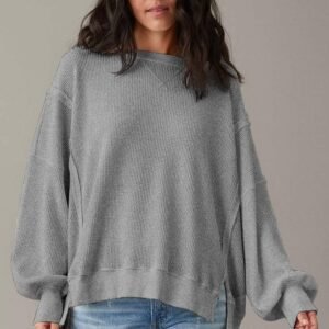 Gray Waffle Knit Bishop Sleeve Split Oversized Top