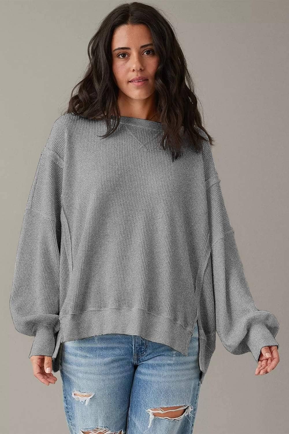 Gray Waffle Knit Bishop Sleeve Split Oversized Top