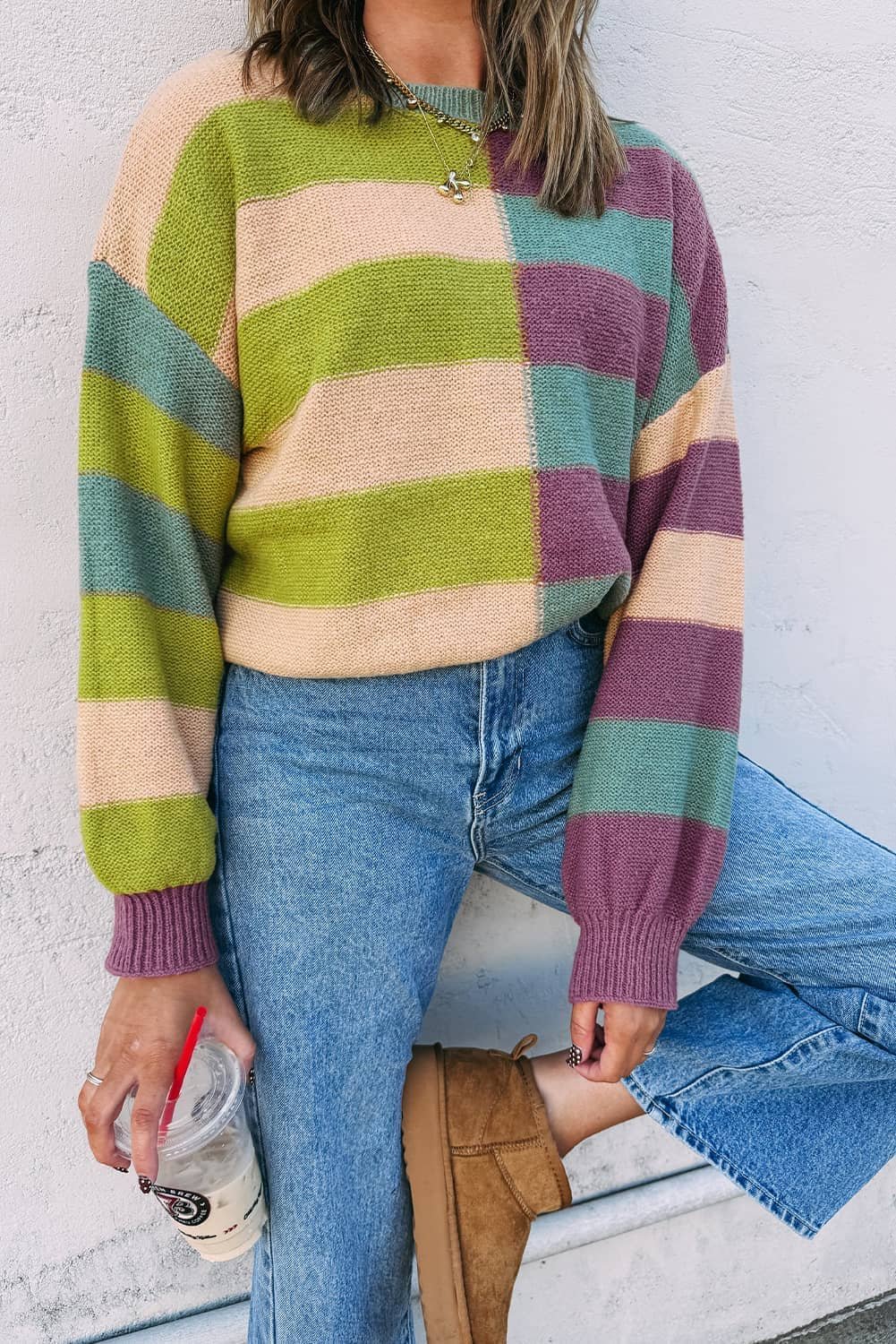 Green Stripe Drop Shoulder Ribbed Edge Casual Sweater
