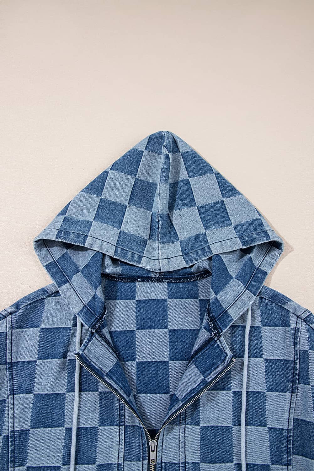 Sky Blue Checkerboard Zipped Neck Kangaroo Pocket Denim Hoodie