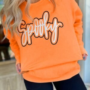 Grapefruit Orange Spooky Graphic Halloween Crew Neck Holiday Sweatshirt