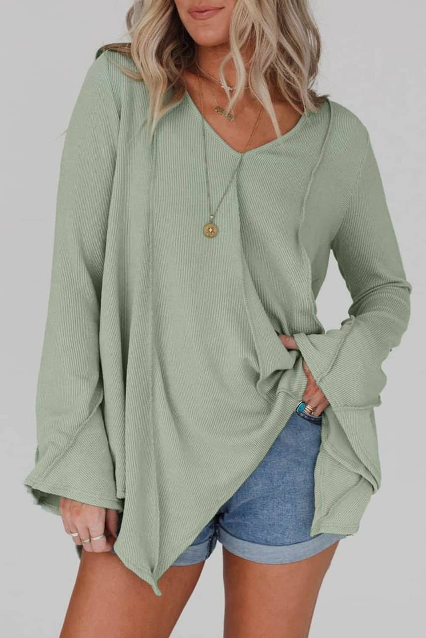 Green Ribbed Expose Seam Bell Sleeve Top
