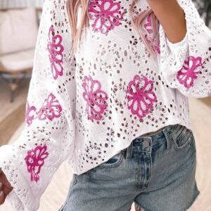 White Contrast Flower Print Eyelet Drop Shoulder Sweater