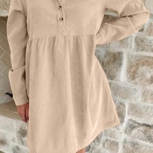 Oatmeal Corduroy Half Button Collared Long Sleeve Mini Dress