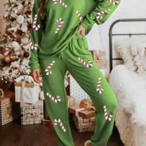 Spinach Green Sequined Christmas Cane Pattern Lounge Sweatsuit