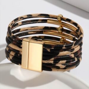 Brown Multi-Layer Leopard Beaded Magnet Buckle Bracelet