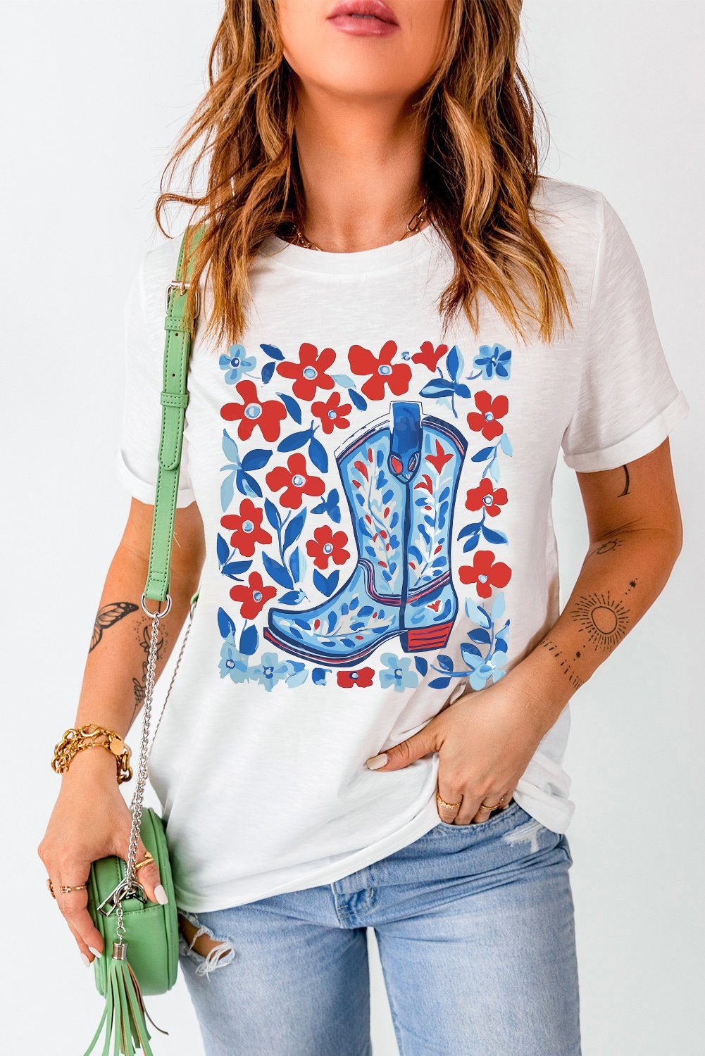 White Floral Western Boots Printed Cotton Blend T Shirt