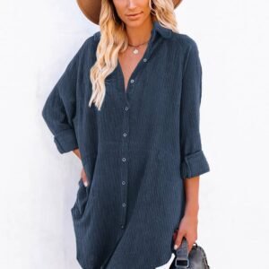 Blue Corduroy Shirt Style Full Button Long Sleeve Shift Mini Dress