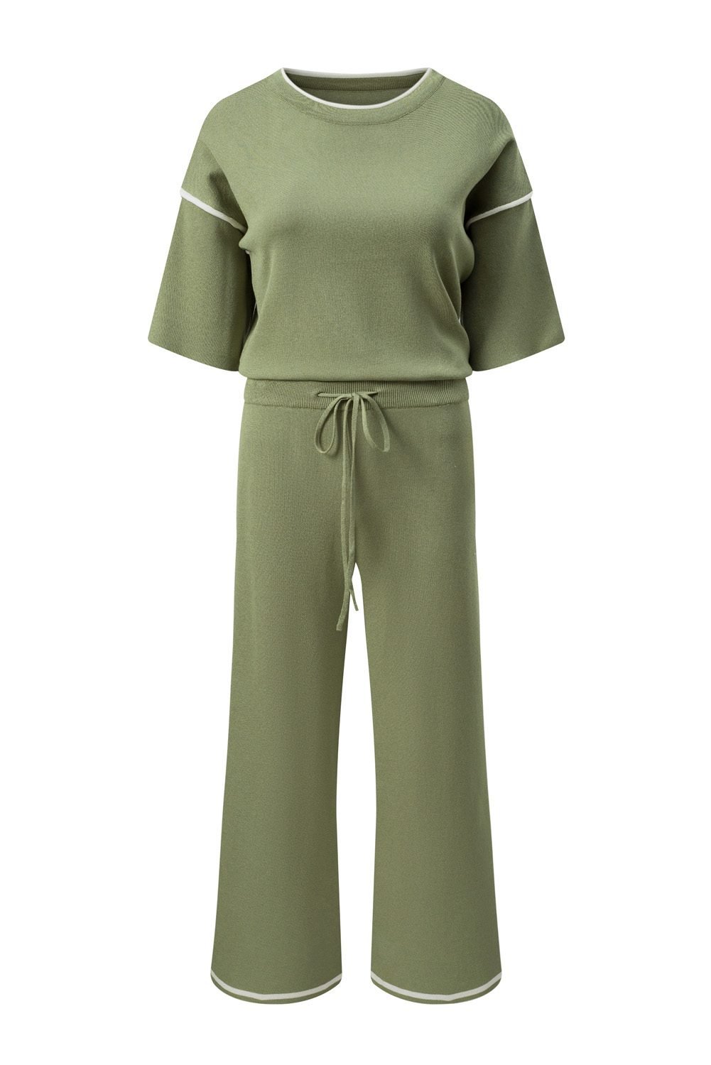 Guacamole Green Contrast Trim Half Sleeve Top Drawstring Pants Loose 2Pcs Sweater Suit