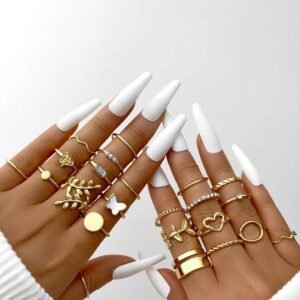 Gold Butterfly Vines Hollowed Heart Geometric 24-Piece Ring Set